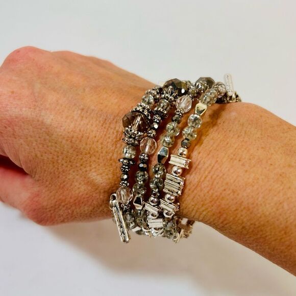 Silver and Gunmetal Beaded Stretch Bracelet Bangle - Picture 2 of 12